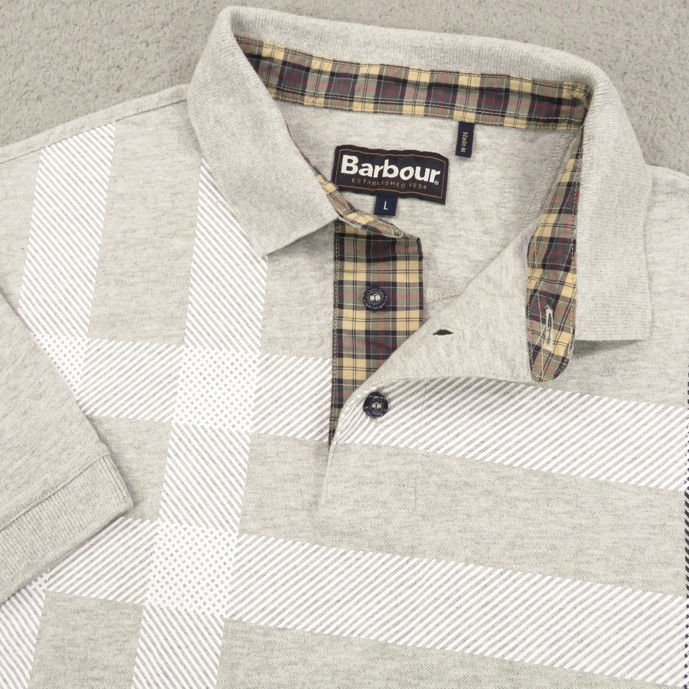 Barbour Polo Shirt Mens Large Grey White Big Plaid Graphic MML1117GY52 Designer